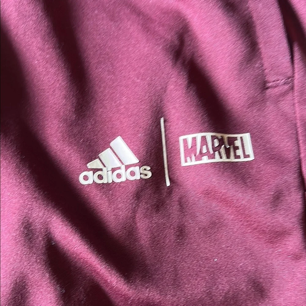 adidas Kids Maroon Shorts with White Stripes, Marvel Theme, 5T - Picture 3 of 4